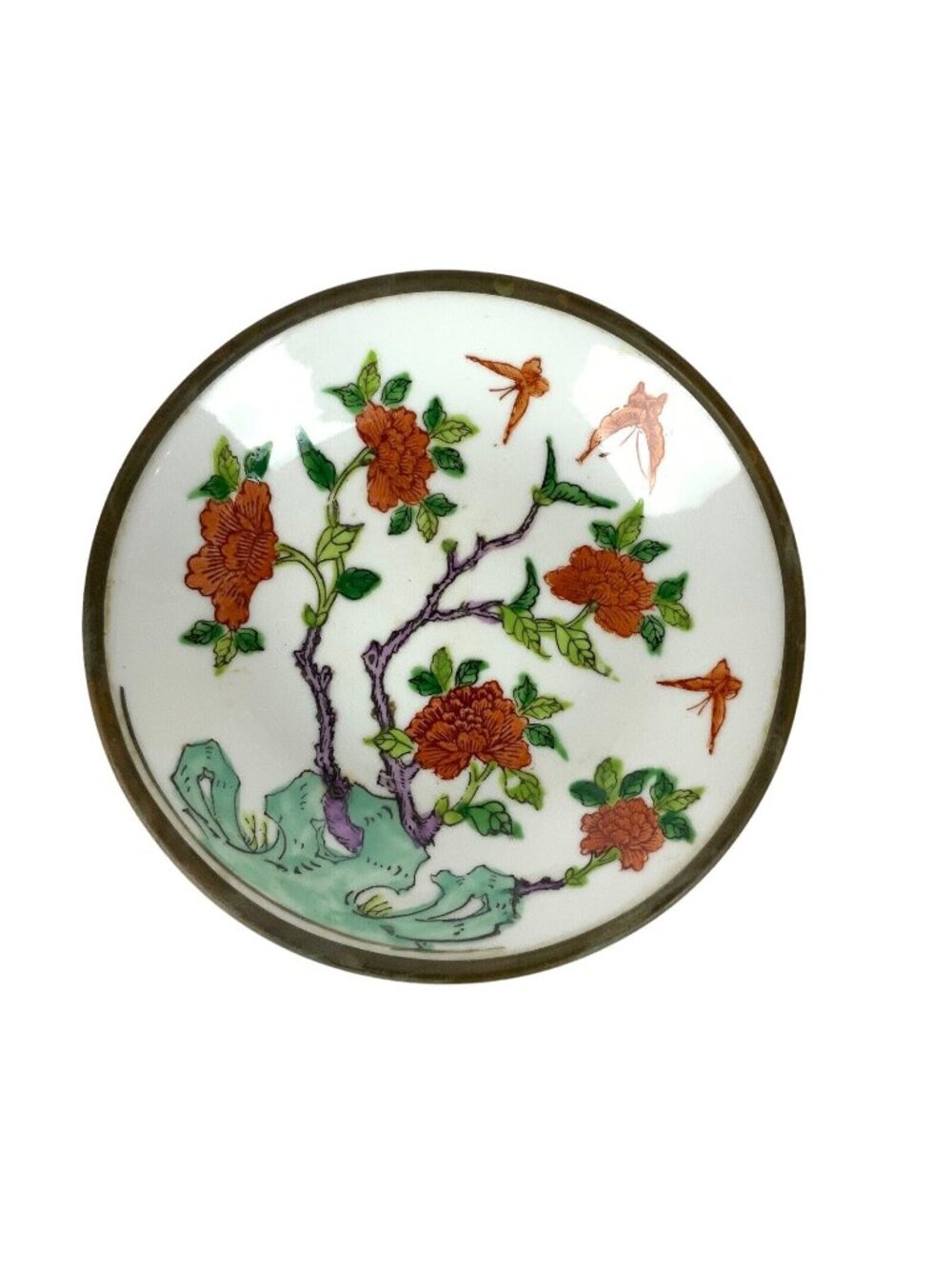Japanese Porcelain Ware Floral Bowl Wide Hand Painted & Brass Clad Hong Kong